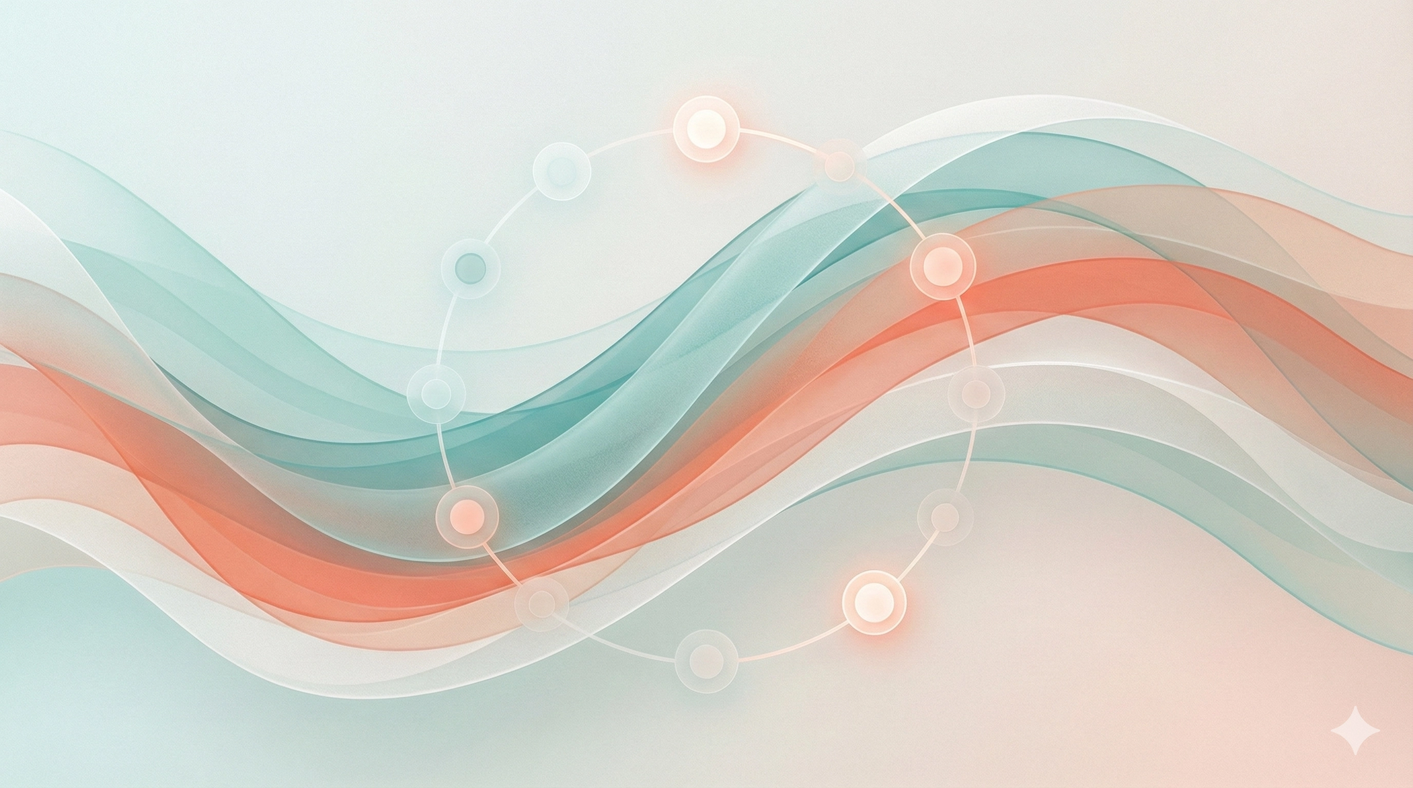 Modern abstract representation of a menstrual cycle and hormonal waves in soft teal and coral colors.