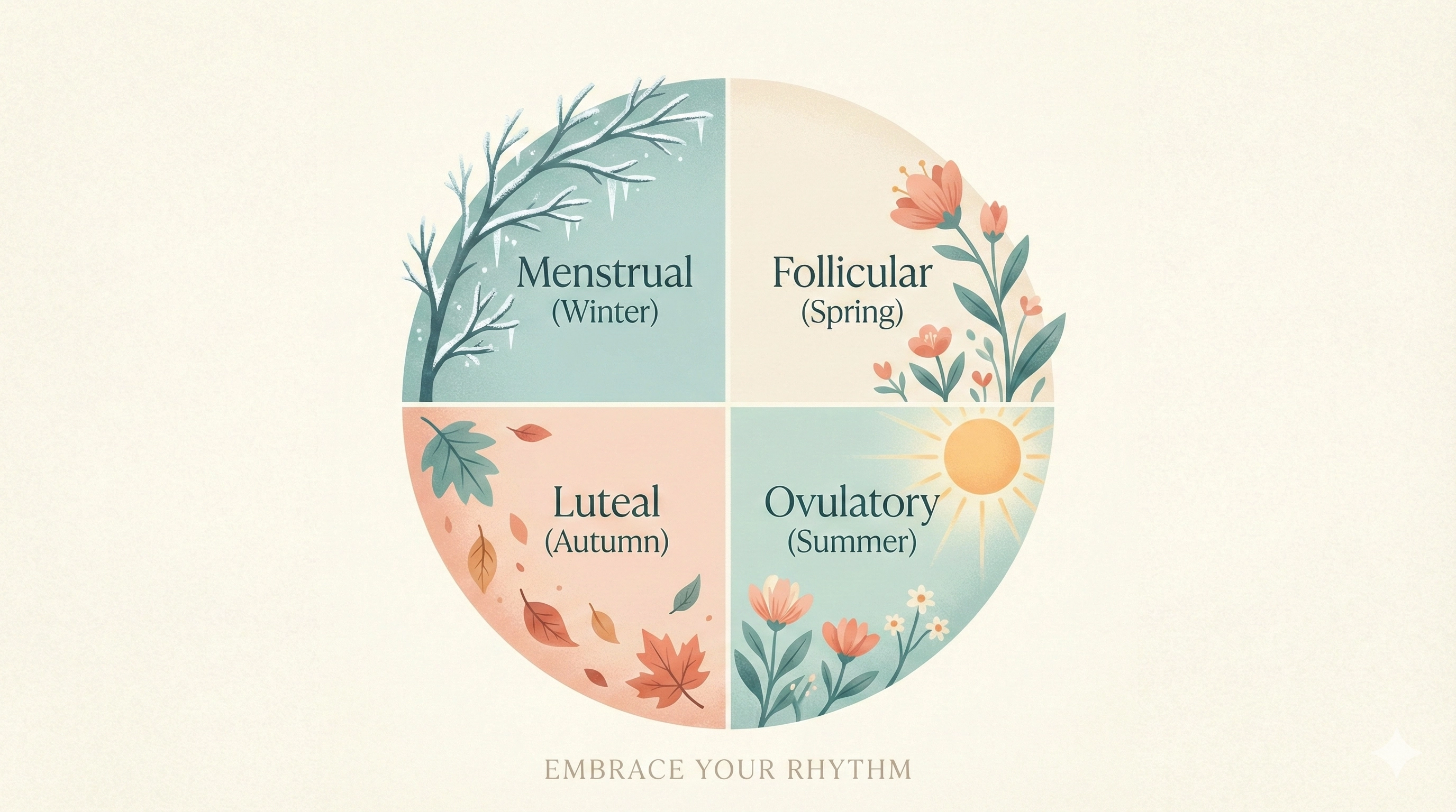Abstract and beautiful illustration of the four phases of the menstrual cycle represented as the four seasons.